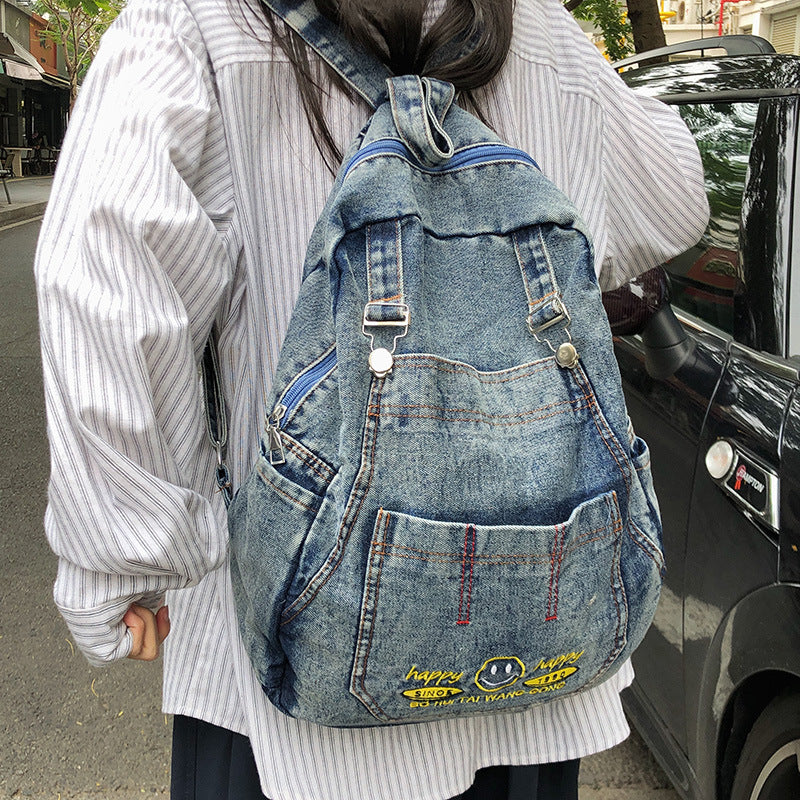 Retro Trendy Denim Large Capacity Female Korean Leisure Backpack