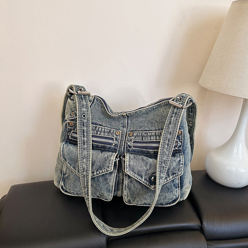 Motorcycle Double Pocket Denim Female Large Capacity Tote Bags