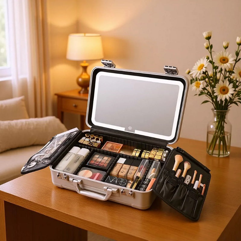 Women's Fill Light With Mirror Portable Large Capacity Removable Partition Storage Cosmetic Bags