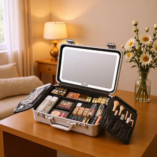 Women's Fill Light With Mirror Portable Large Capacity Removable Partition Storage Cosmetic Bags