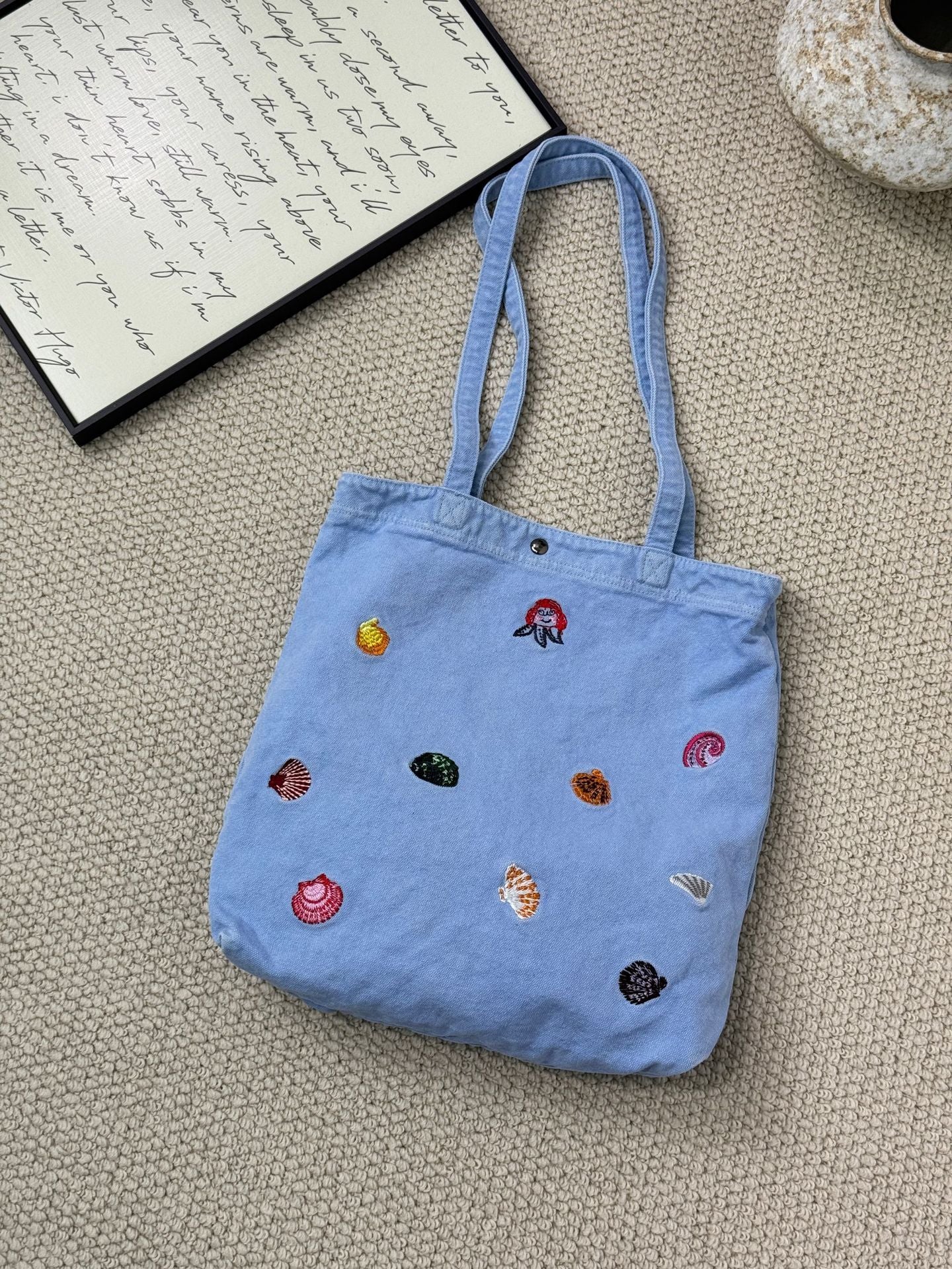 Korean Washed-out Denim Cute Embroidered Puppy Large Capacity Tote Bag