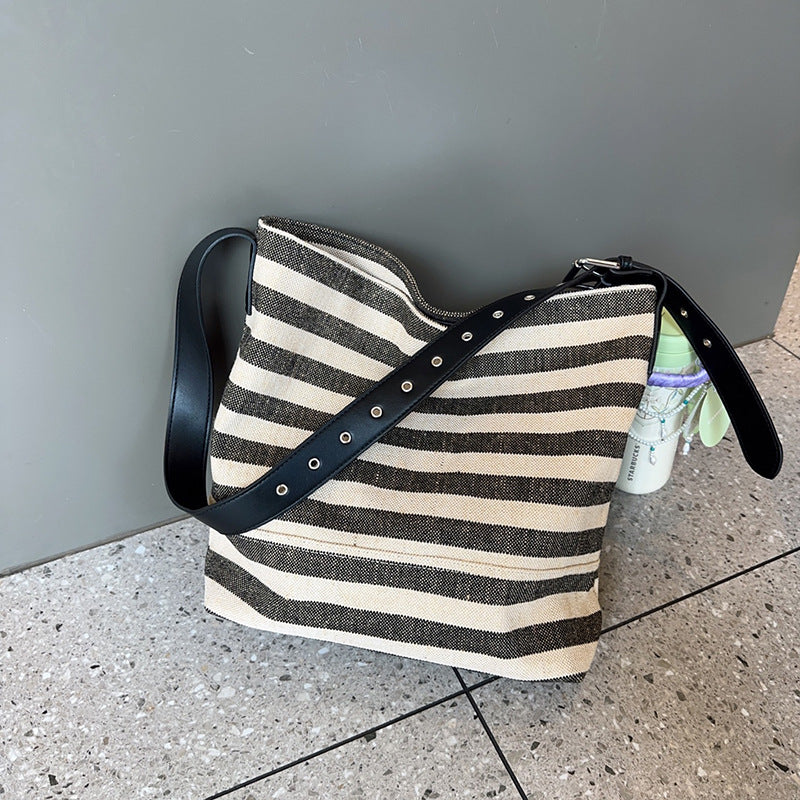 Women's Ge Black White Striped Canvas Large Capacity Bags