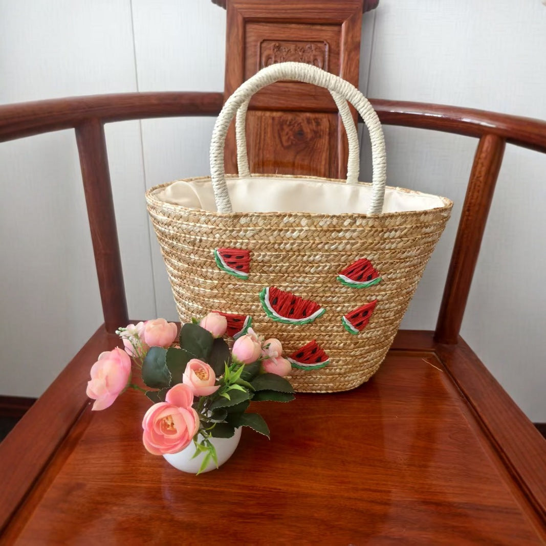 Women's Lemon Pattern Woven Large Capacity Seaside Handbags