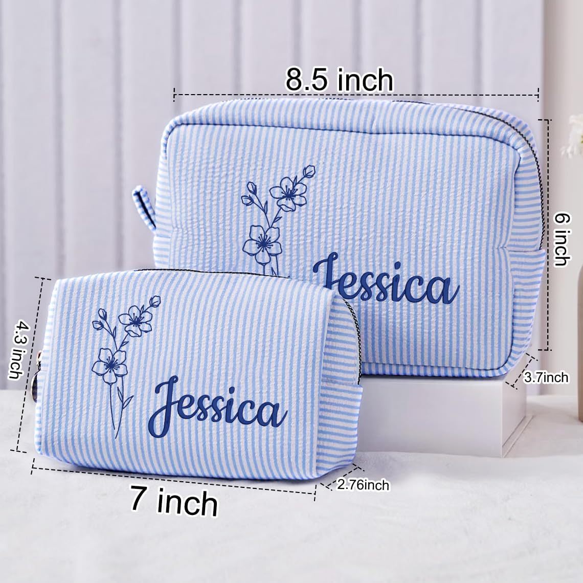 Embroidery Name Striped Make-up Portable Storage Makeup Bag