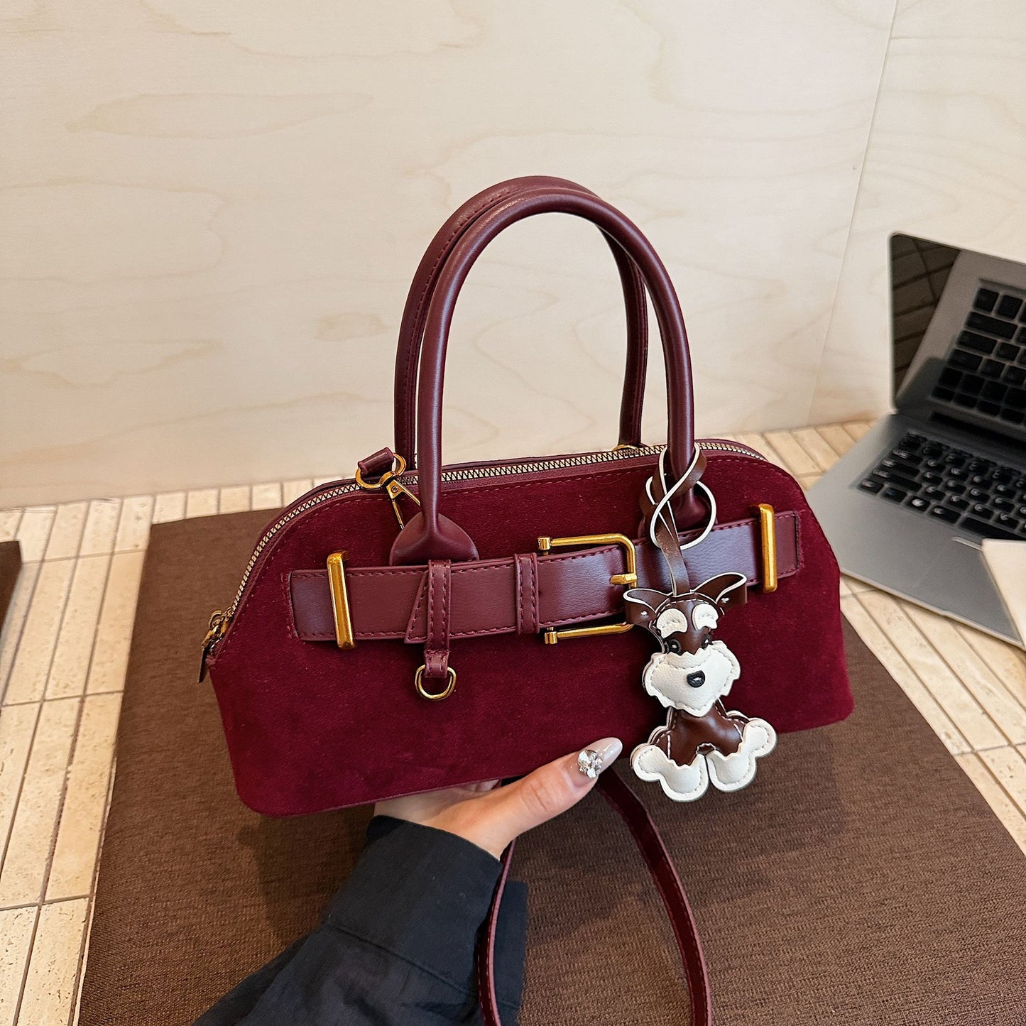 Women's Suede Korean Style Stitching Machine Car Women's Shoulder Bag