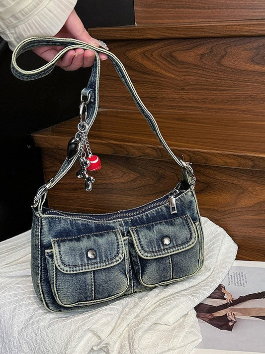 Retro Distressed Denim Little Hot Baguette Underarm Bag