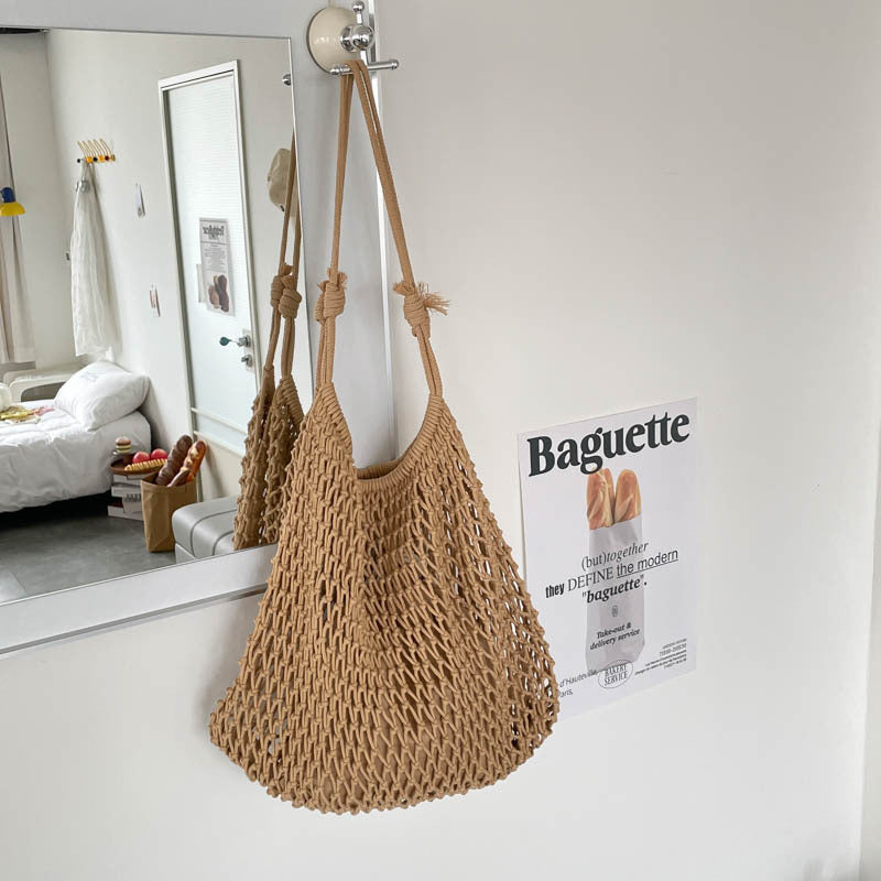 Large Capacity Mesh Woven Fishnet Drawstring Western Women's Shoulder Bag