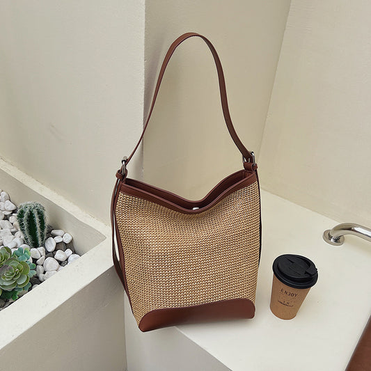 Simple Straw Woven Large Capacity Underarm Bucket Bag