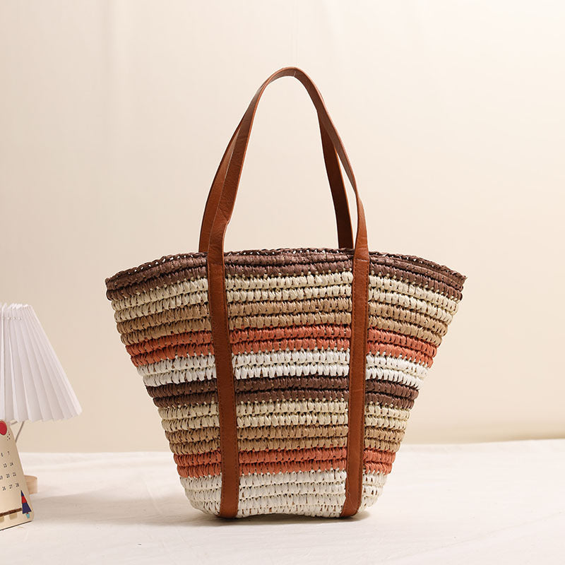 Fashion Colorful Striped Straw Versatile Large Capacity Woven Women's Shoulder Bag