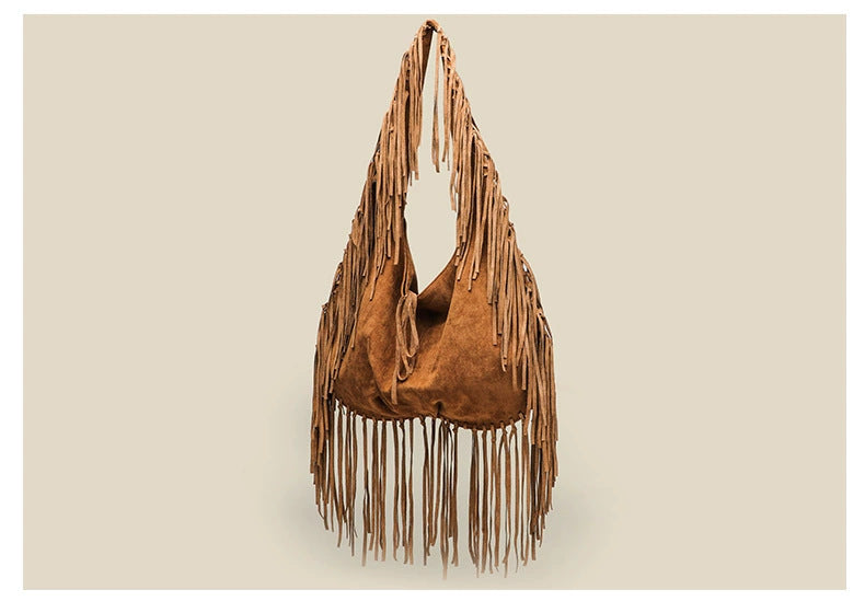 Women's Tassel Large Capacity Crescent Trendy Simple Deerskin Veet Retro Women's Shoulder Bag