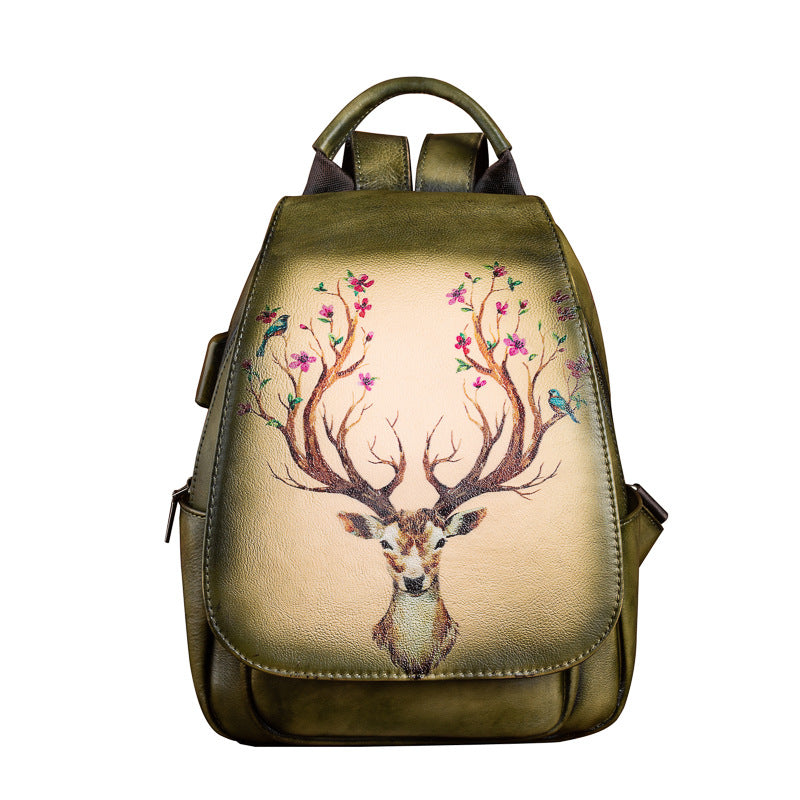 Leather First Layer Cowhide Creative Printed Yellow Brown Retro Backpacks