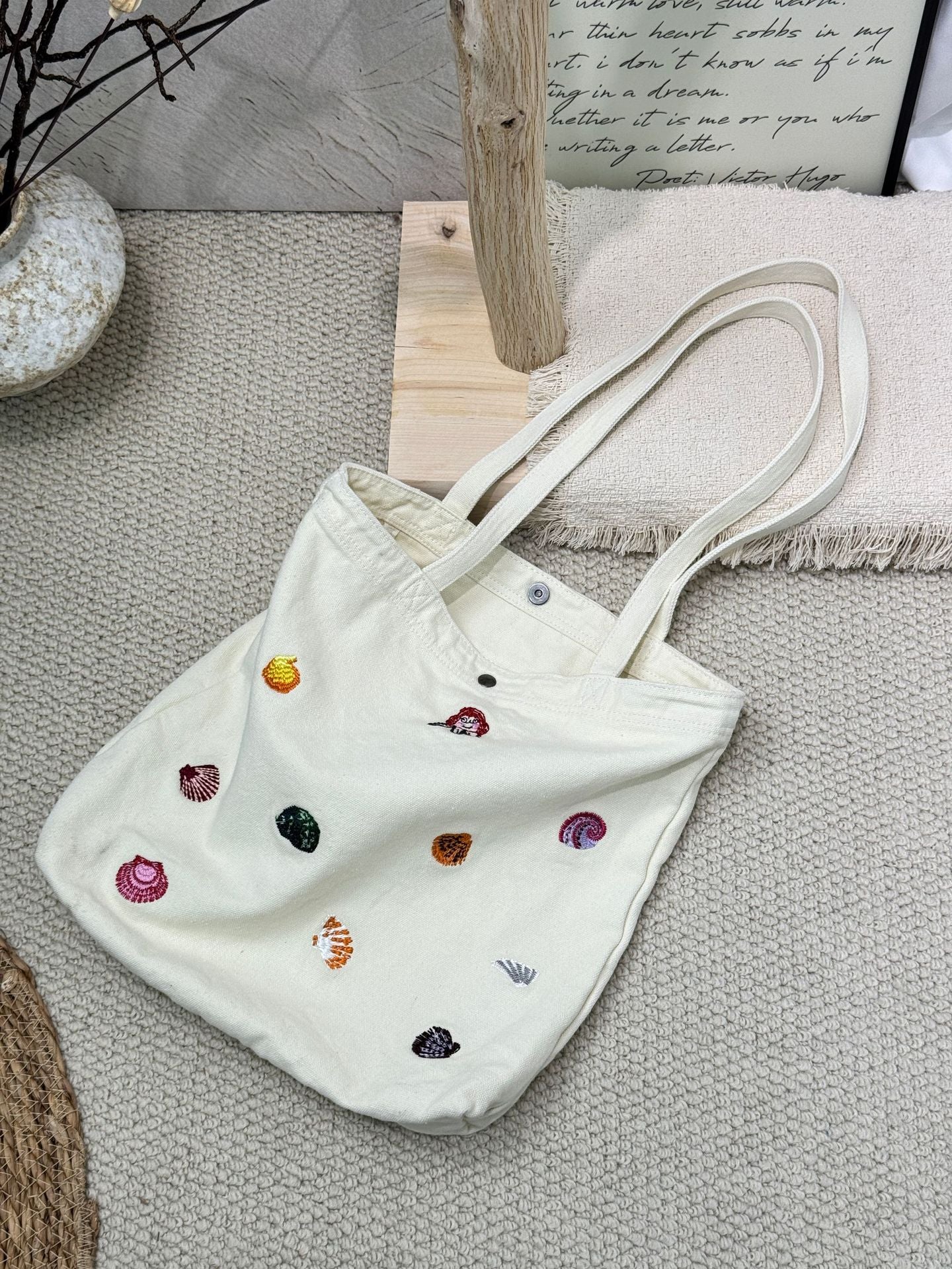 Korean Washed-out Denim Cute Embroidered Puppy Large Capacity Tote Bag