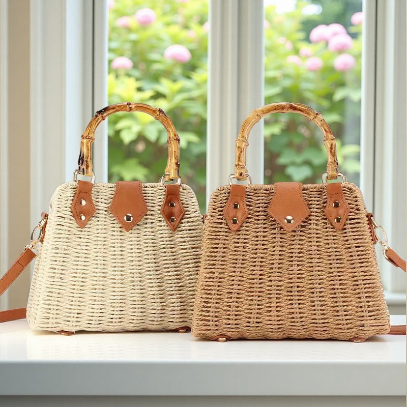 High-grade Straw Light Luxury Bamboo Portable Hand-woven Iron Shoulder Bags