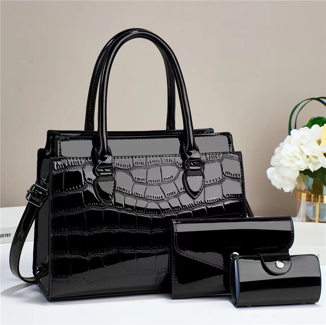 Temperament Fashion Bright Leather Three-piece Set Elegant Large Women's Handbag