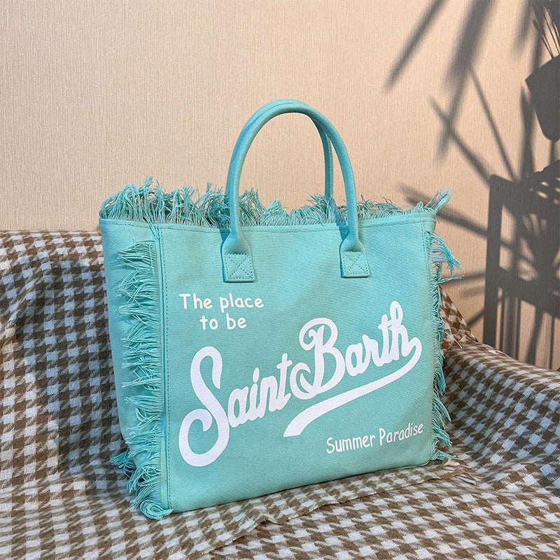 Beach Letters Large Capacity Commuter Handmade Tassel Tote Bag