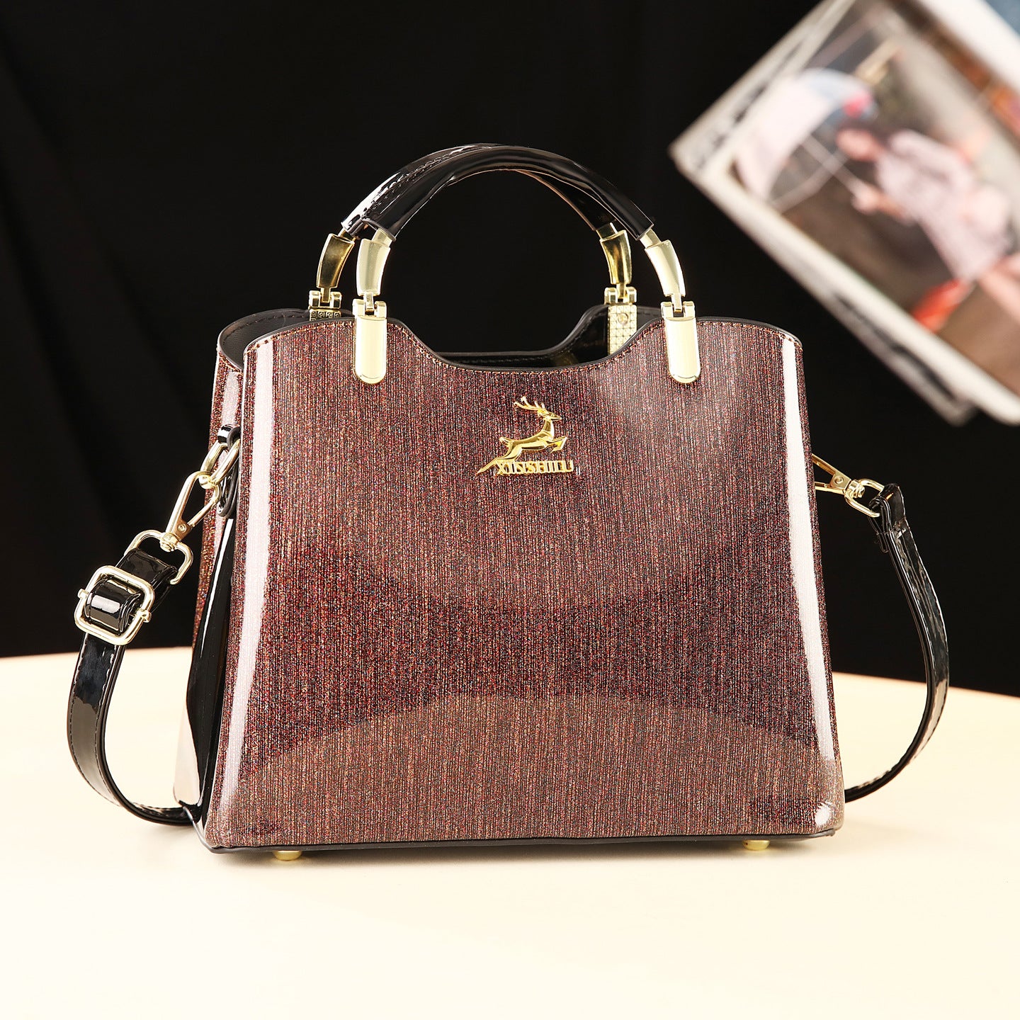 Women's Fashion Classic Shiny Leather Lady Large Bags