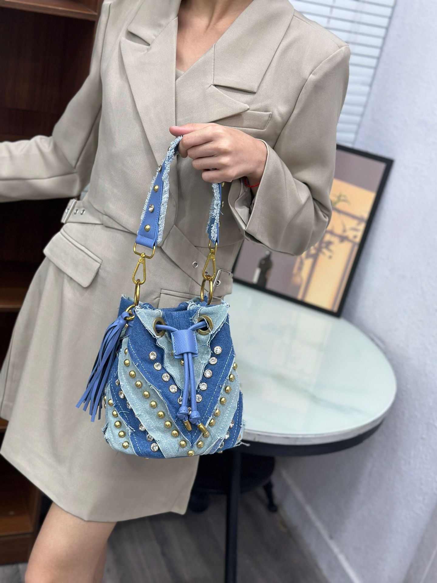 Fashion Affordable Luxury Diamond High-grade Denim Bucket Bags