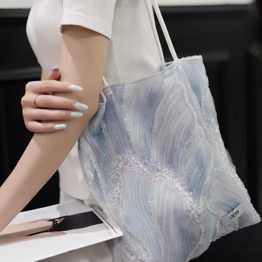 Fashionable Morandi Blue Beaded Item Niche Bags