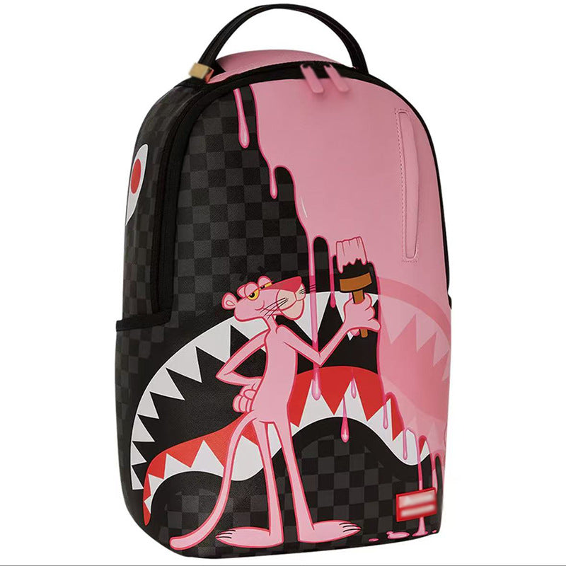 Men's Leather Trendy Cool Plaid Shark Business Fashion Computer Large Capacity Leisure Backpack