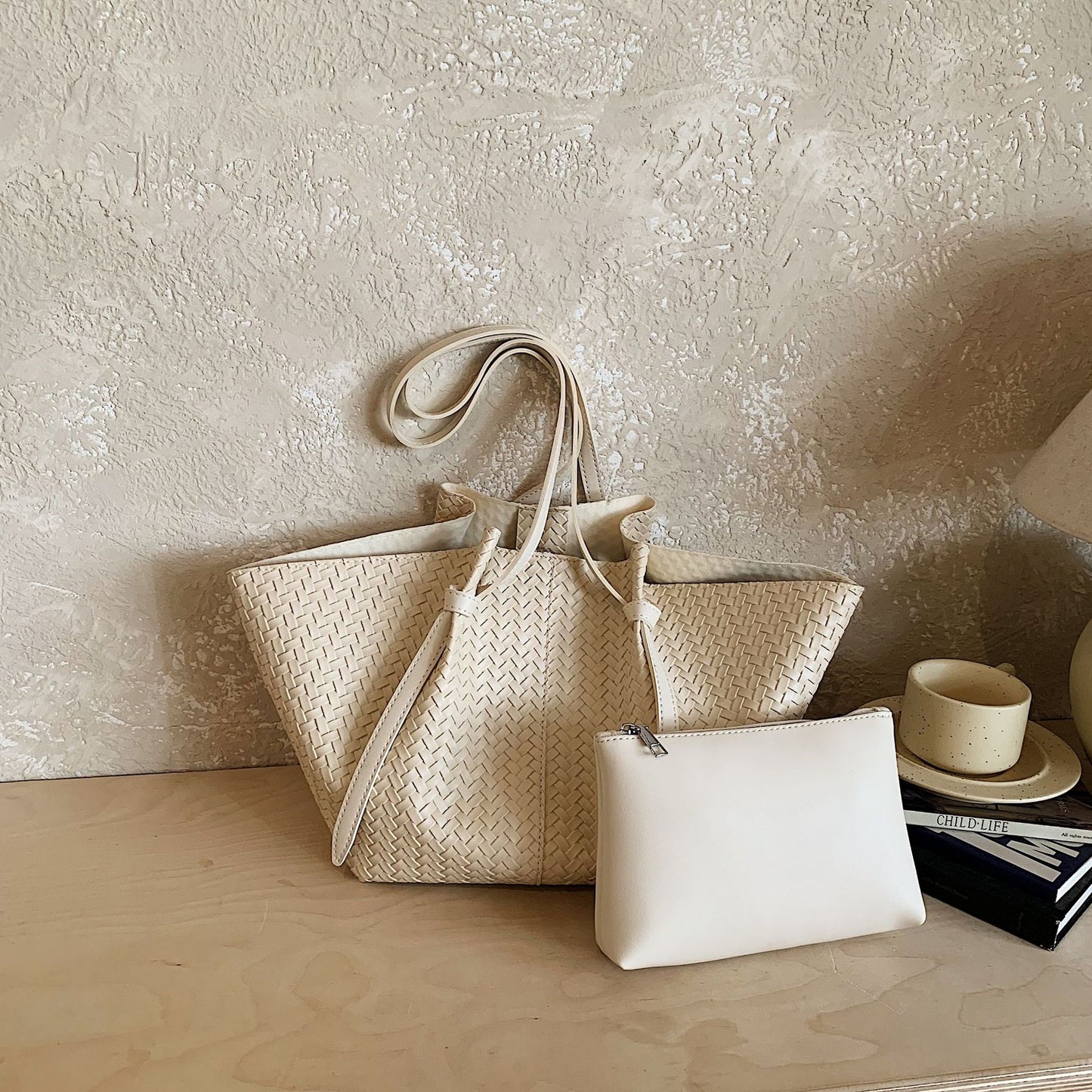 Style Woven Pleated Fashionable Simple Mother Tote Bag