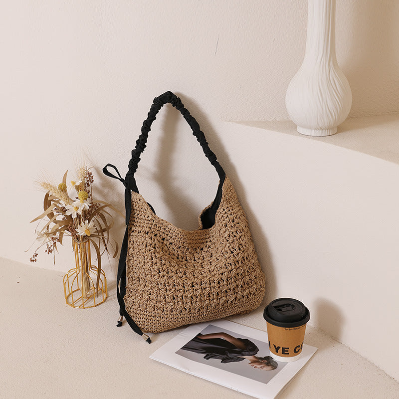 Hollow Flower Large Capacity Straw Solid Color Tassel Woven Bags