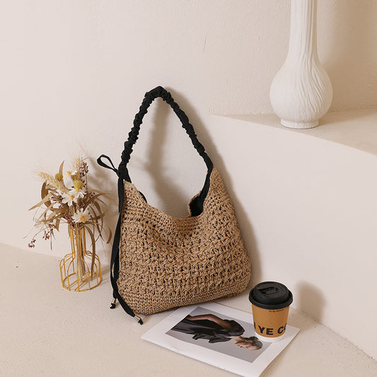 Hollow Flower Large Capacity Straw Solid Color Tassel Woven Bags