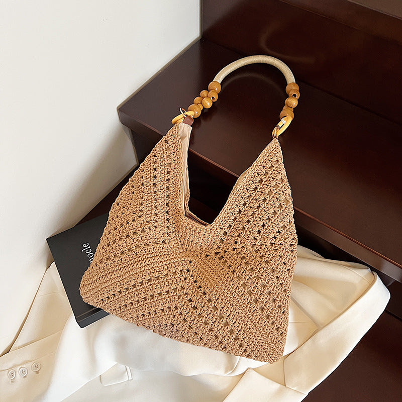 Women's Idle Style Large Capacity Knitted Summer Wooden Bead Woven Wool Shoulder Bags