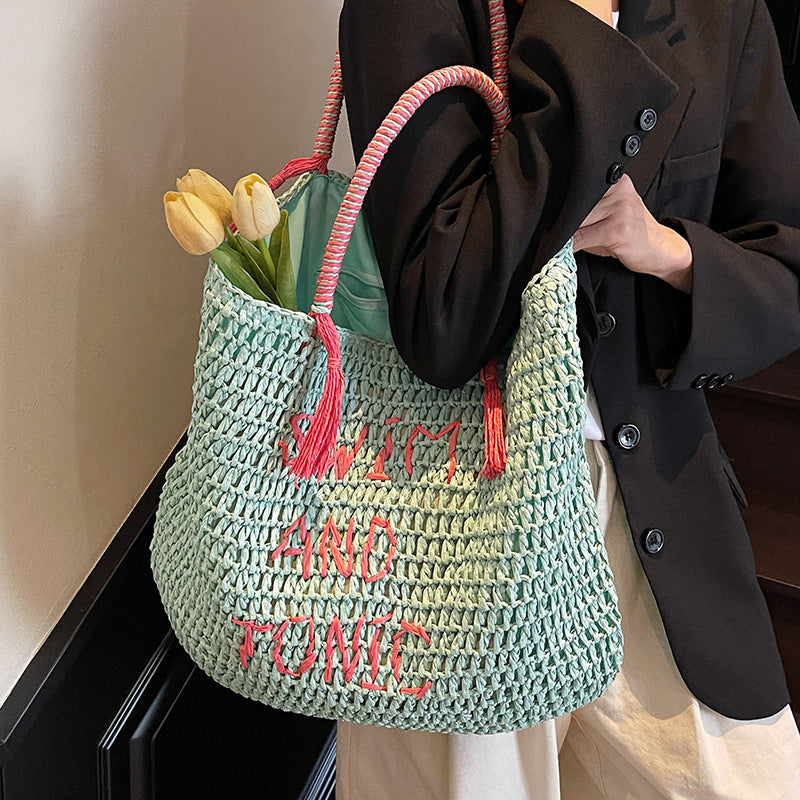 Beach Vacation Style Fresh Mint Green Straw Woven Wind Large Women's Shoulder Bag