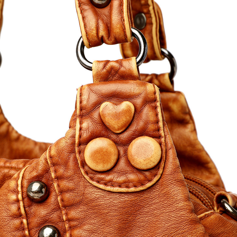 Women's Washed Fabric Soft Leather Textured Retro Fashion Saving Solid Shoulder Bags