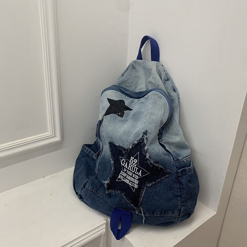 Women's Washed Denim Fashion Gradient High College Korean Style Leisure Backpack