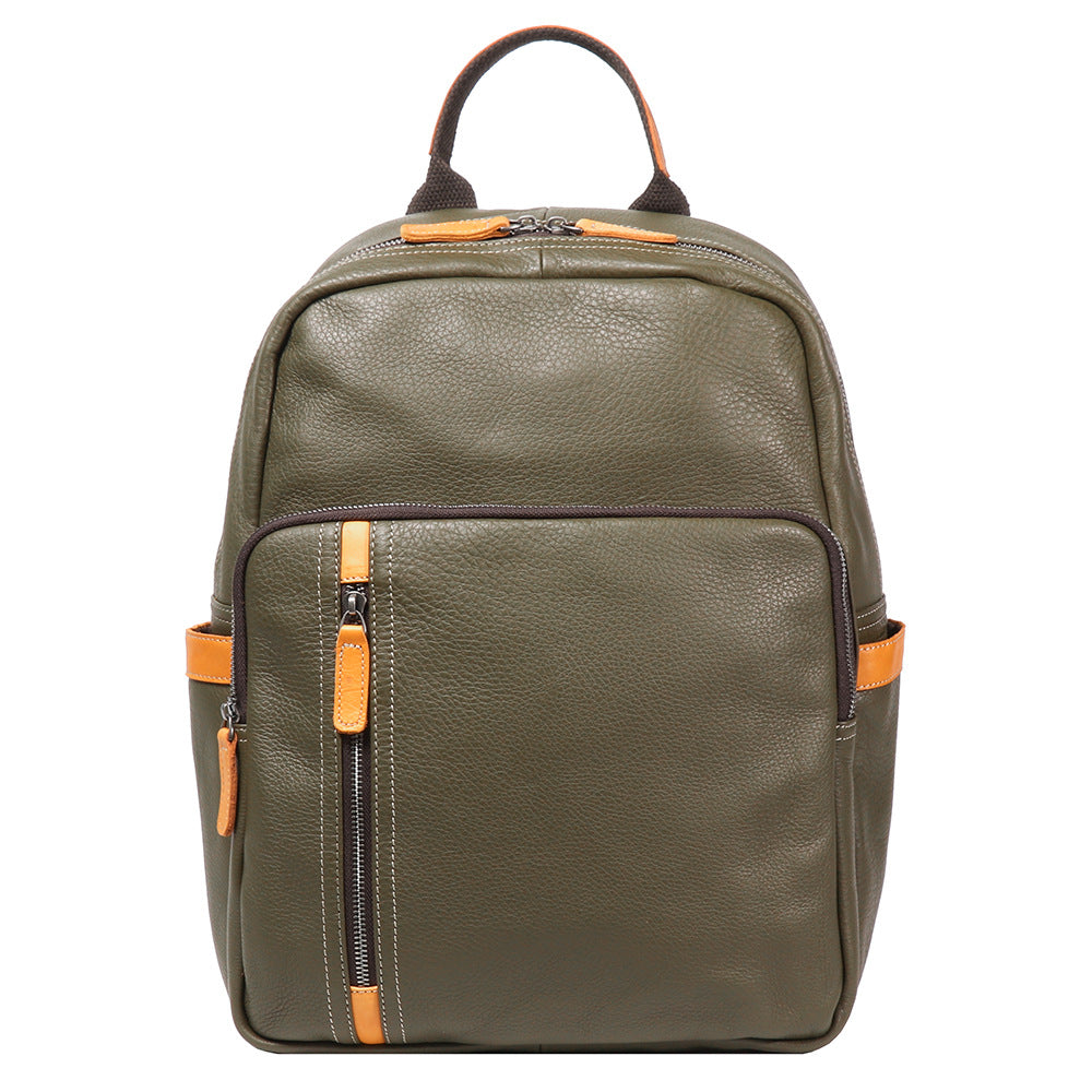 Men's Leather Versatile Cowhide Contrast Color College Backpacks