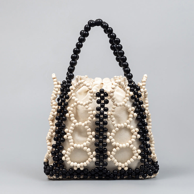 Women's Wooden Beads Decoration Contrast Color Hand-woven Large Handbags