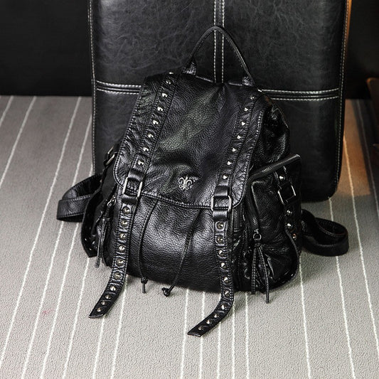 Trendy Fashion High-grade Rivet Washed Leather Women's Backpack