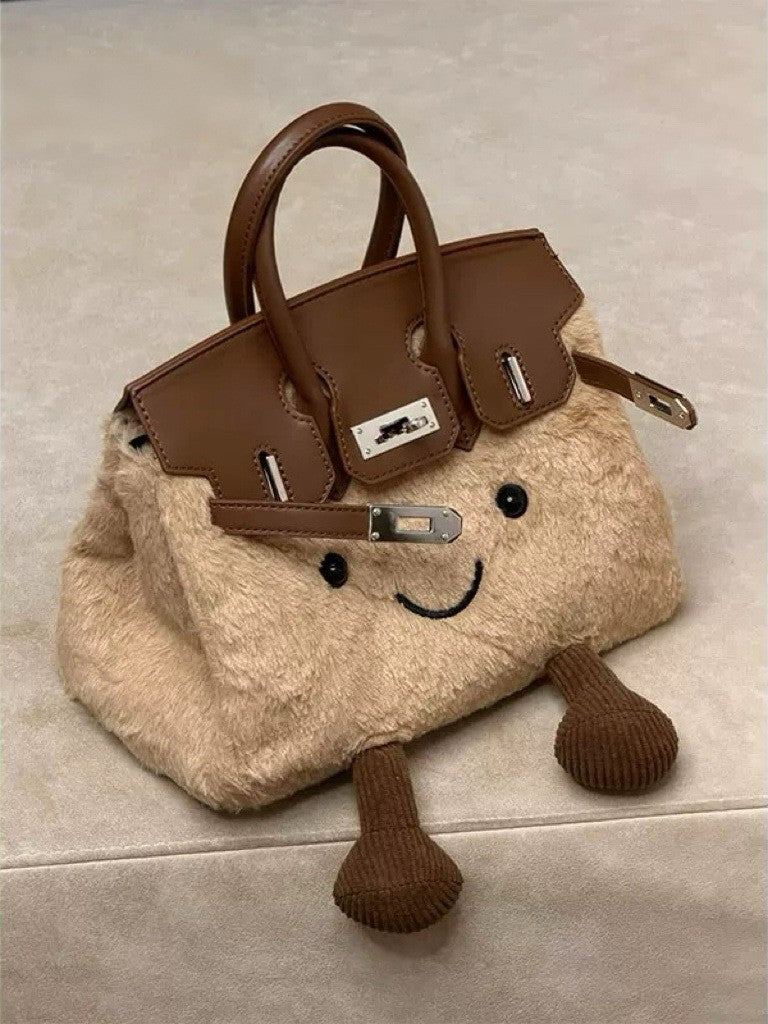 Cute Plush Doll Cartoon Furry Fashion Leather Patchwork Bucket Bag