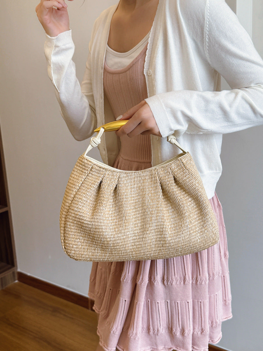 Summer Bronze Hardware Portable Exquisite Straw Beach Vacation Women's Handbag