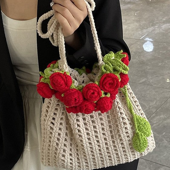 Rose Bouquet Blanket Handmade Crochet Woven Bucket Bags