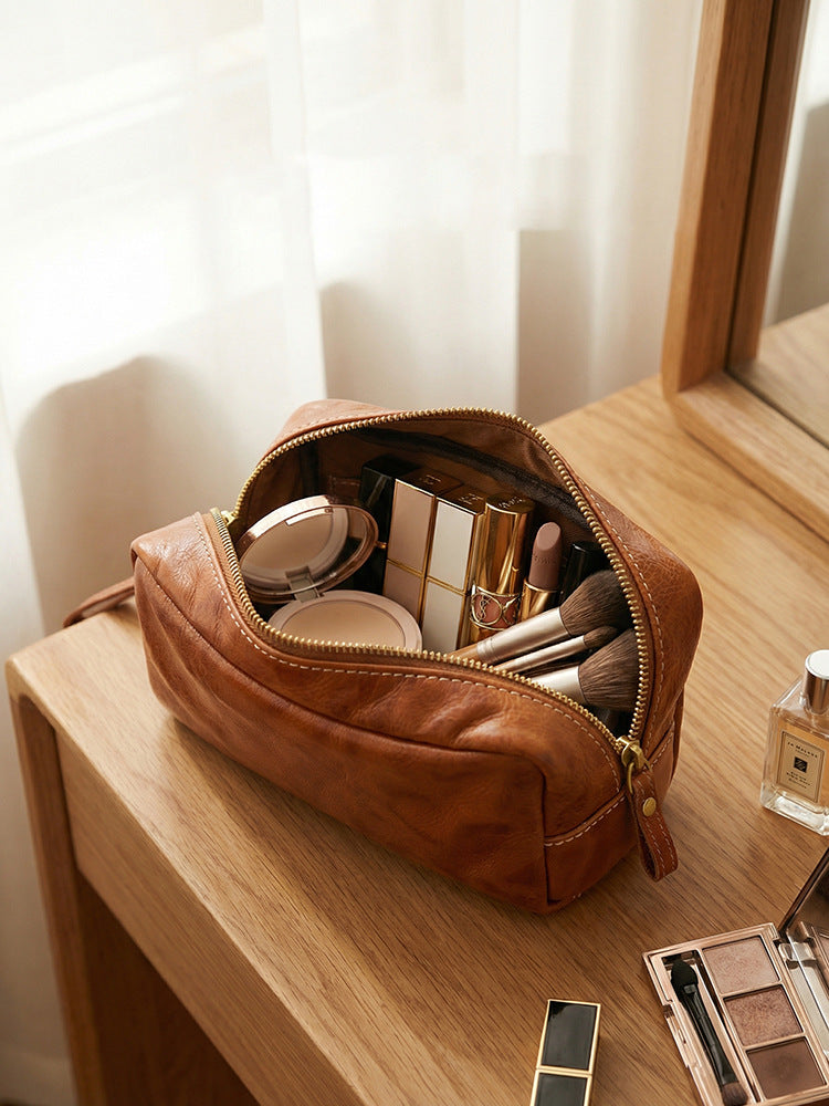 Tanned Leather Cowhide Wash Pencil Storage Large Makeup Bag
