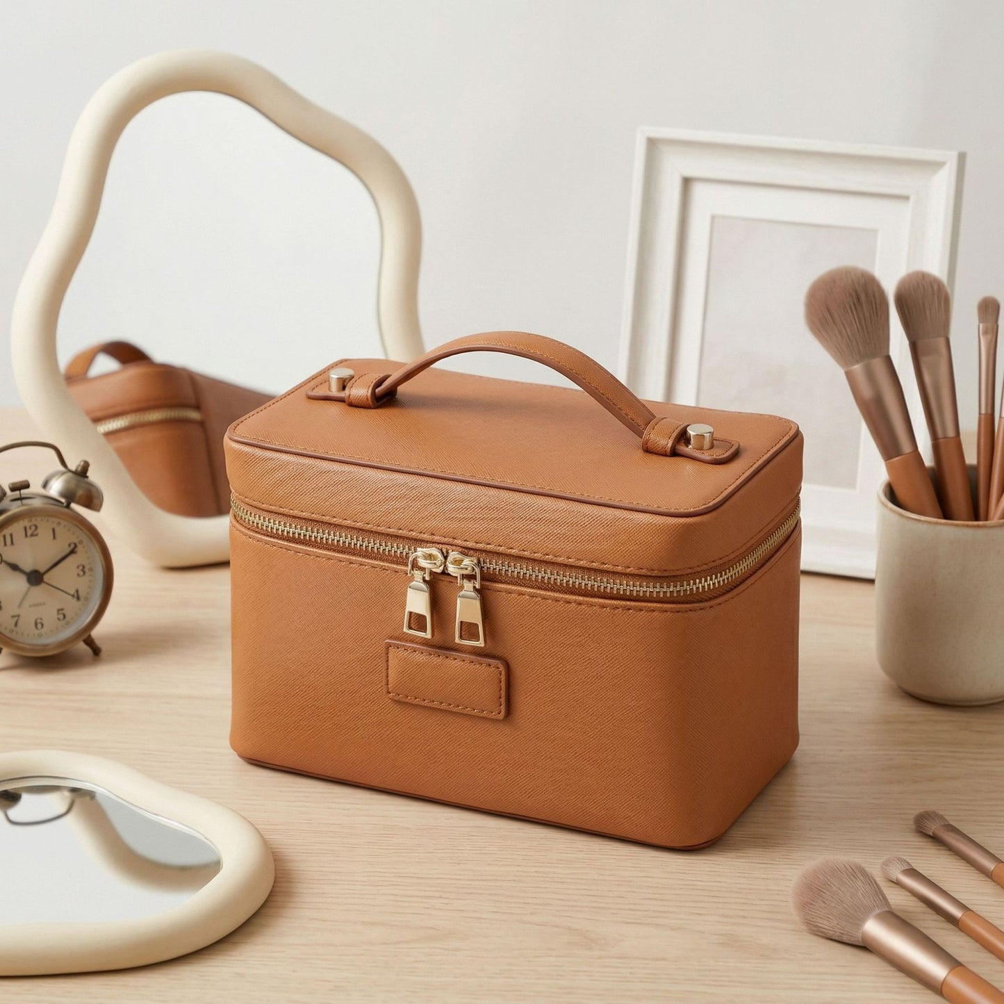 Portable With Compartment Large Capacity Leather Makeup Bag
