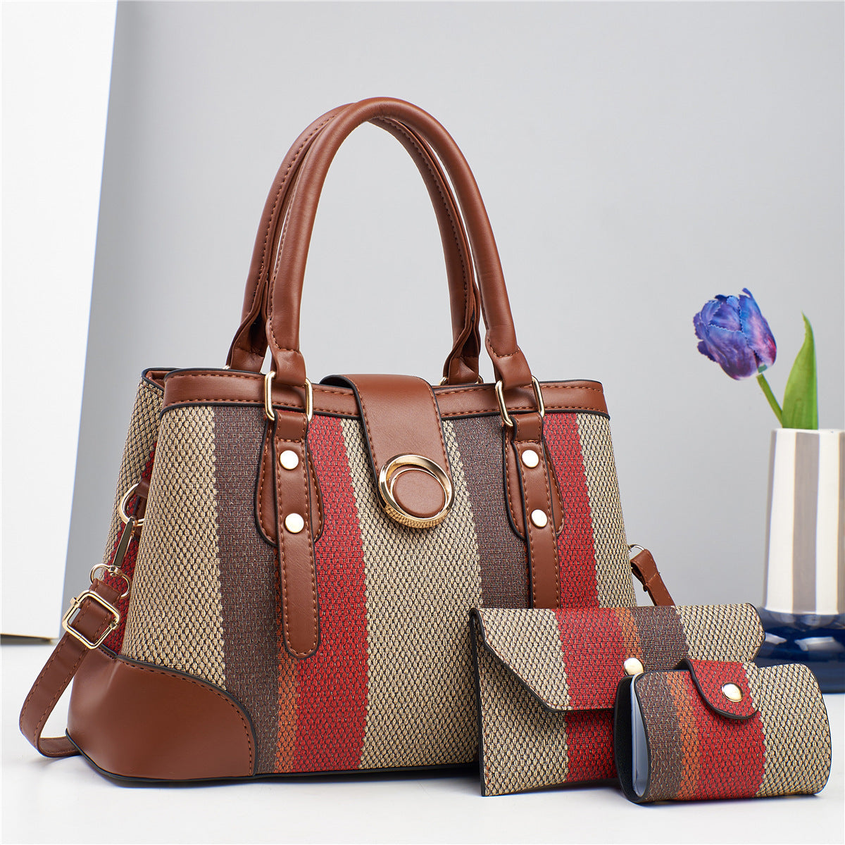 Large Capacity Stitching Canvas Three-piece Color Matching Bags