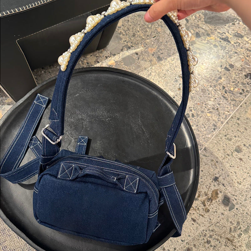 Retro Minority Denim Fashion Pearl Commuting Women's Shoulder Bag