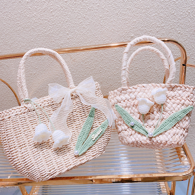 Summer Style Hand-knitted Crocheted Pearl Flower Lined Straw Handbags