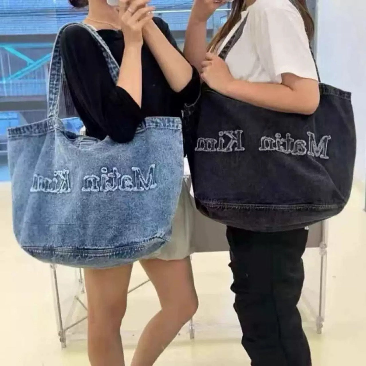 Niche Letter Embroidered Retro Washed Denim Large Capacity Tote Bag