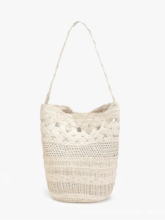 Pure White Hollow Lace Straw French Woven Vacation Beach Bucket Bag
