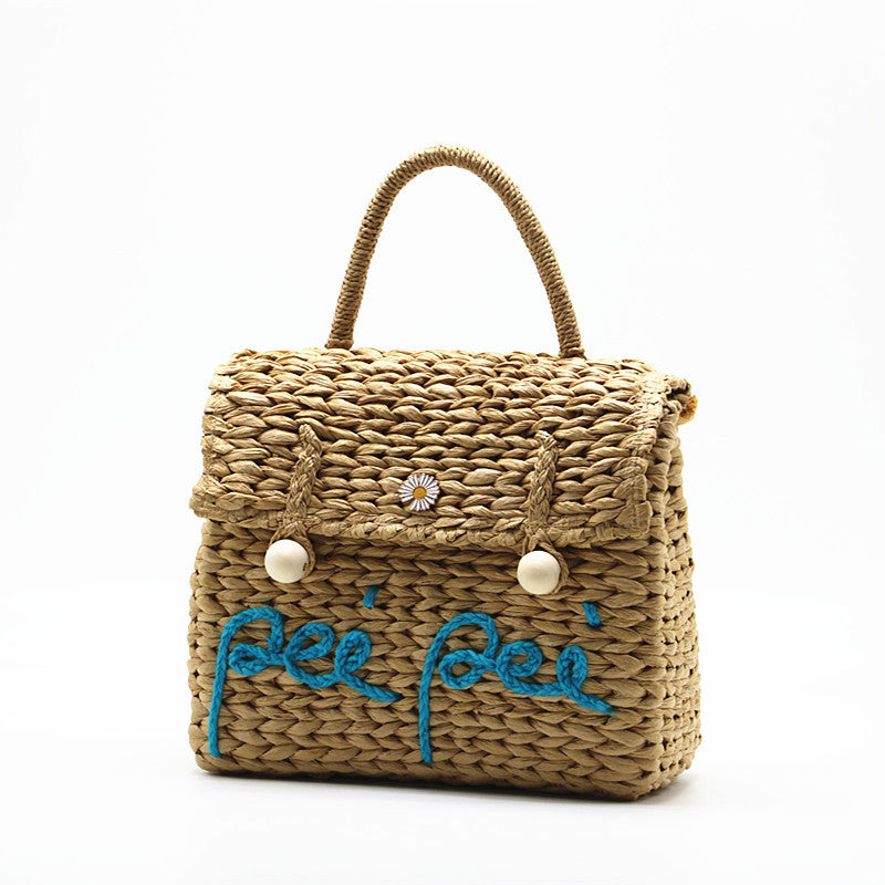 Women's With Cover Letters Straw Wooden Bead Bags