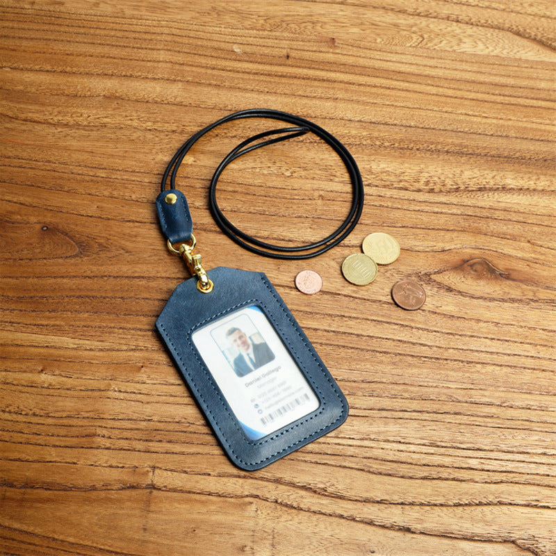 Cowhide Work Certificate With Lanyard Badge Entry Exit Permit Bus Card Pack Card Sleeve