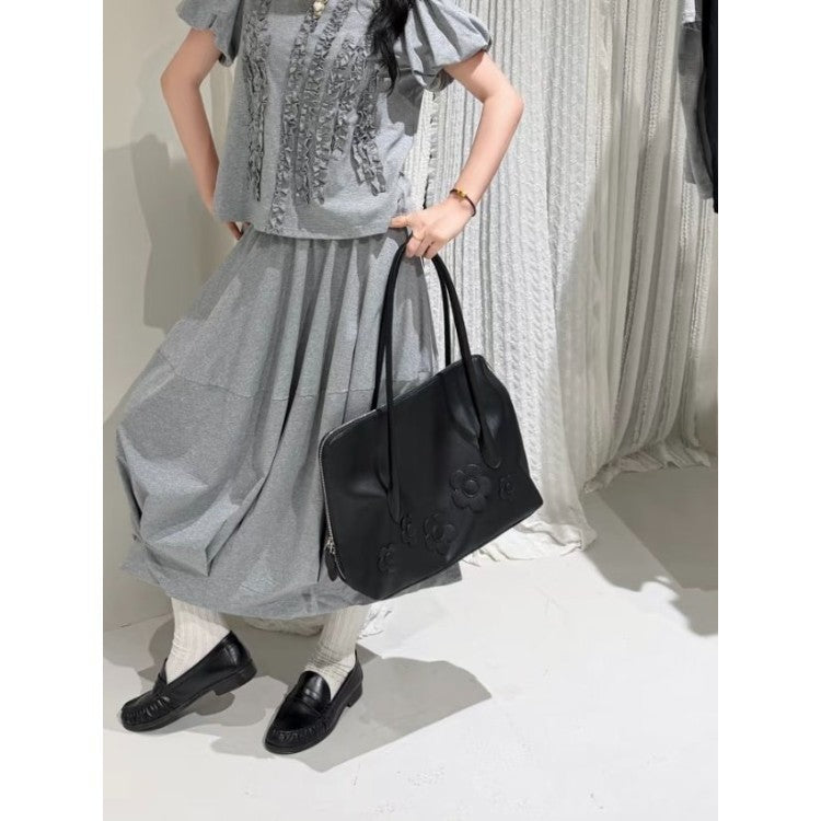 Flower Retro Black Long Commuter Large Capacity Women's Shoulder Bag