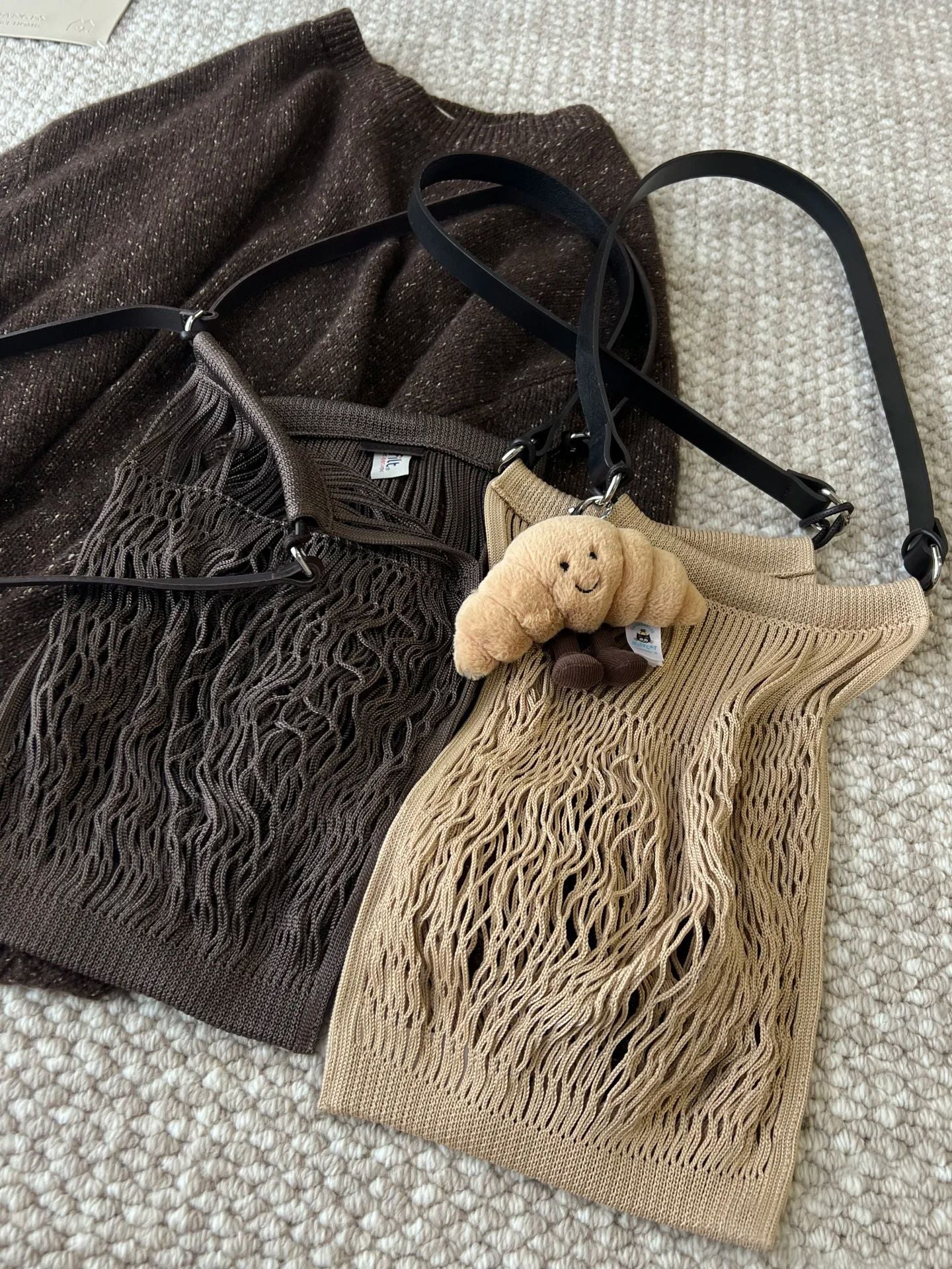 For Vegetable Tanned Leather Strap Woven Net Pocket Bags