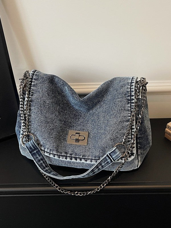 Trendy Denim Versatile Chain Large Capacity Handbags