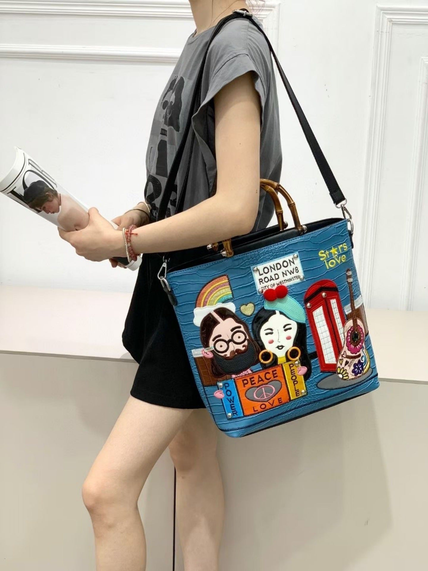 Women's Retro Color Block Embroidery Bamboo Versatile Large Handle