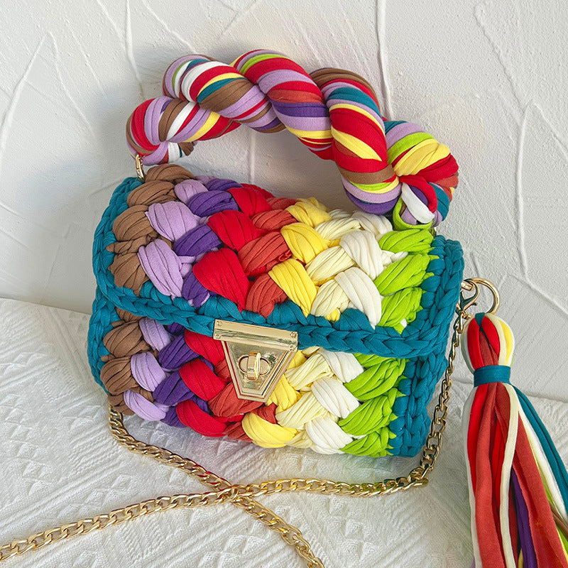 Contrast Color Handmade Finished Strip Thread Wool Bearded Bags
